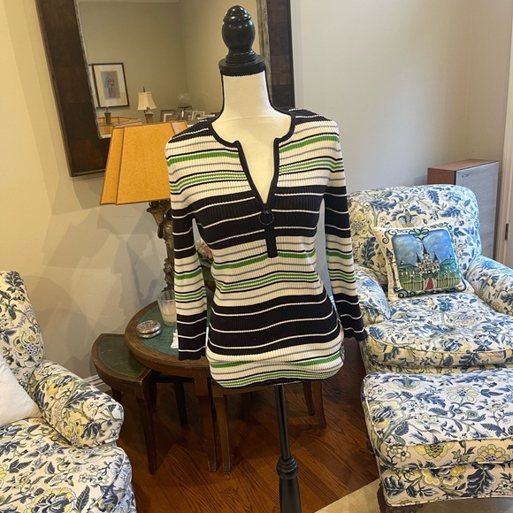 Tory Burch Navy, Green& White striped ribbed 1/4 Zip Top with 3/4 Sleeves Medium - Picture 1 of 8